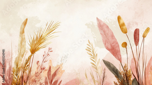 Artistic rendering of boho dried plants, including muted blush elongated leaves, shredded golden palm leaf