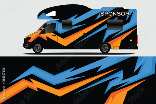 Colorful camper van with dynamic blue and orange design parked against a neutral background