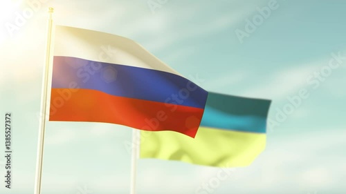 Russia flag and Ukrainian flag waving on cloud in sky background. 3D render. 4k resolution.