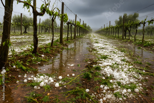 Hailstorm Damage in Vineyard with Ice Pellets and Flooded Rows Under Stormy Sky