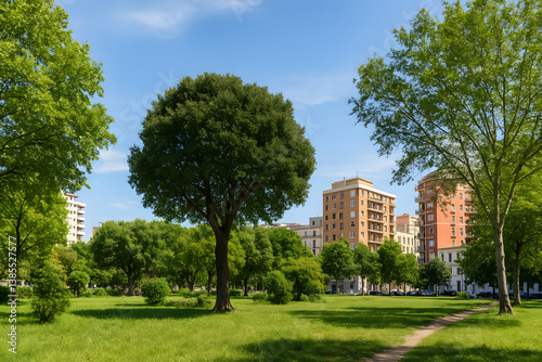 Urban Green Oasis with Tall Trees and Modern Buildings on a Sunny Day