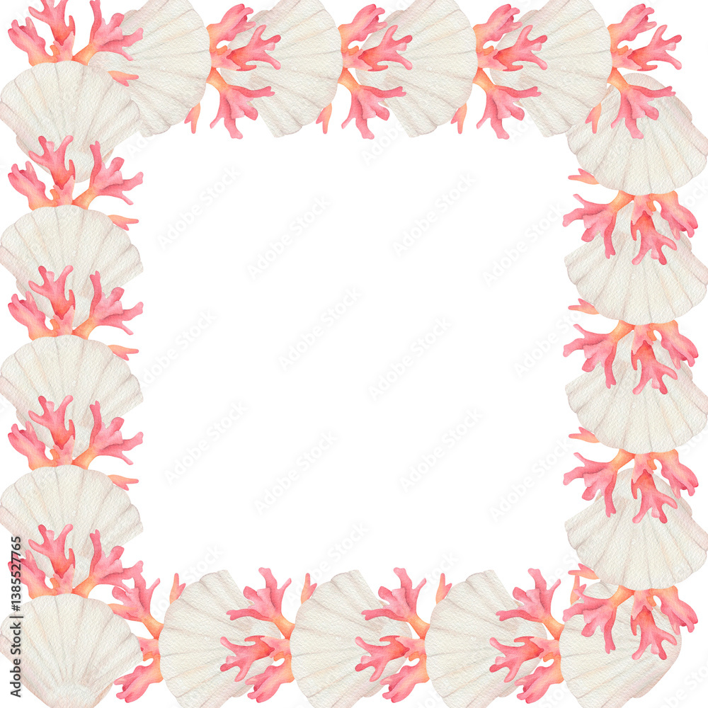 Obraz premium Square frame of watercolor seashell, coral and alga 