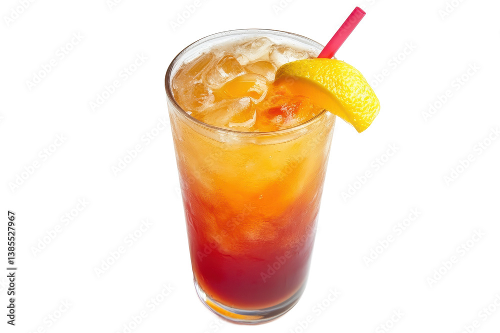 A refreshing cocktail with ice lemon slice and a red straw on a black background scene looks tasty A refreshing cocktail with ice lemon slice and a red straw on a black background scene looks tasty
