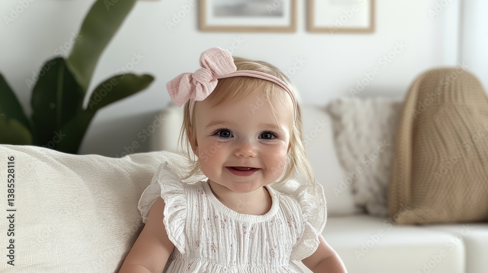 Happy baby girl with pink bow headband sitting on a couch. Happy baby girl with pink bow headband sitting on a couch.