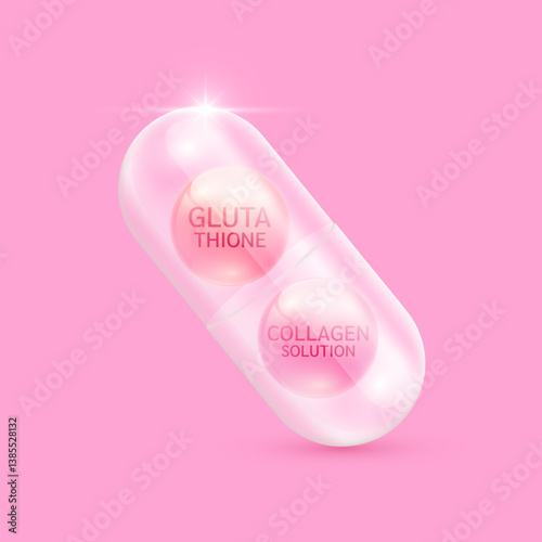 Collagen solution pink and Glutathione in translucent capsule. Helps keep skin moisturized and youthful. For cosmetic ads medical beauty. Vector EPS10.