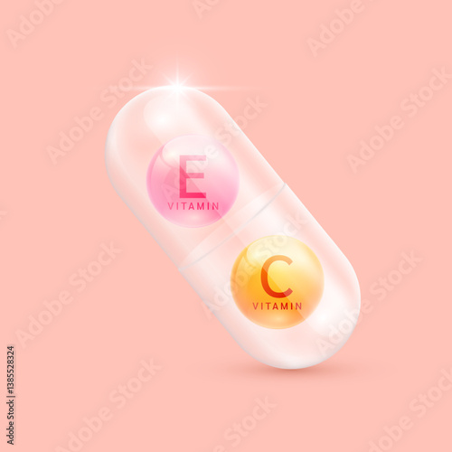 Orange ascorbic acid vitamin C and pink tocopherol vitamin E in translucent capsule. Vitamins complex minerals cosmetic ads beauty. Medical scientific concepts. 3D Vector.