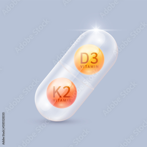 Vitamin D3 and orange vitamin K2 in translucent capsule. Helps nourish body bone heart. Used for design dietary supplement products. Medical health care concept. Vector.