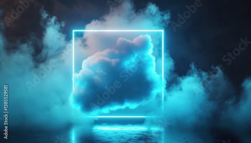 Surreal digital scene featuring a glowing blue cloud suspended within a bright neon square on a dark background, evoking futuristic concepts.