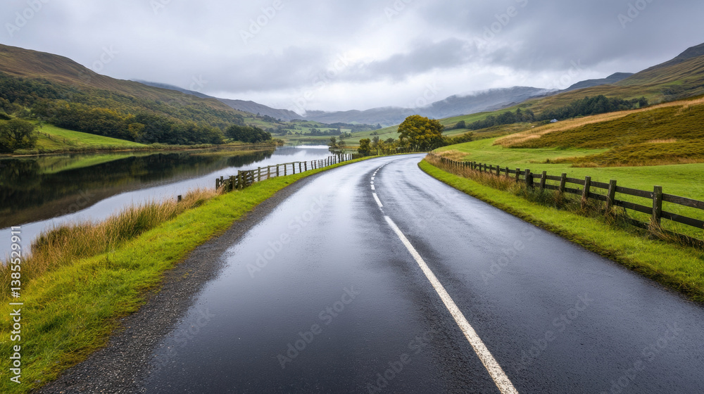 Naklejka premium winding rural road alongside tranquil lake, surrounded by lush green hills under overcast skies, evokes serene atmosphere