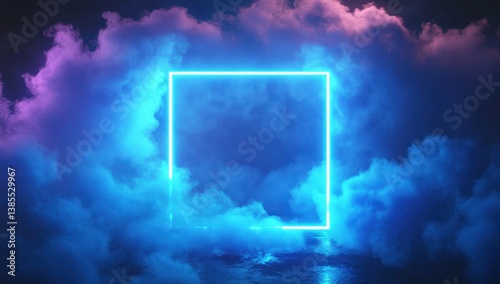 Bright neon square floating in a dense, surreal blue fog on a dark reflective surface, creating a futuristic and atmospheric scene.