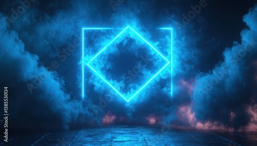 Bright cyan diamond-shaped neon frame floating in a dense, surreal fog, creating a futuristic and atmospheric digital scene.