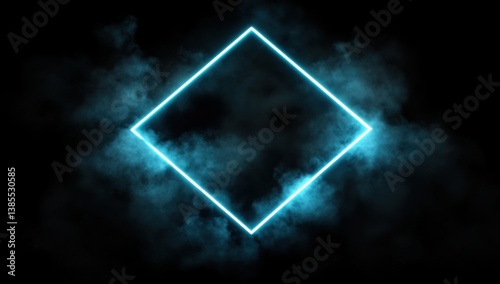 Bright cyan diamond-shaped neon frame floating in a dense, surreal fog, creating a futuristic and atmospheric digital scene.