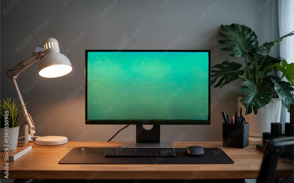 Modern Work From Home Desk Setup, Organized Desk Setup with Computer and Lamp, Minimalist Desk Setup with Green Aesthetic Modern Work From Home Desk Setup, Organized Desk Setup with Computer and Lamp, Minimalist Desk Setup with Green Aesthetic