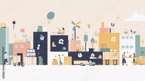 Sustainable city with eco-friendly recycling and delivery services.