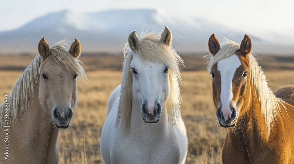Obraz premium Trio of Beautiful Horses Grazing in Expansive Rural Field.