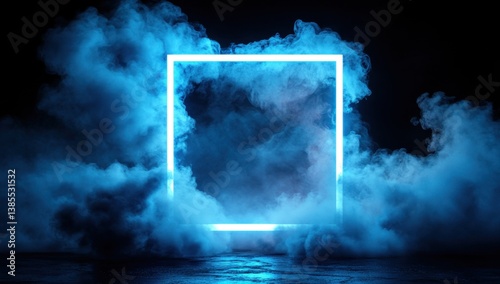 Bright cyan neon square floating in a dark space surrounded by thick blue smoke, creating a futuristic and atmospheric visual effect.
