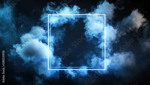 Bright cyan neon square floating in a dark space surrounded by thick blue smoke, creating a futuristic and atmospheric visual effect.