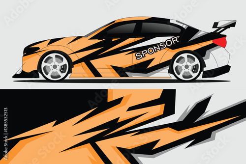 A dynamic racing car with vibrant orange and black graphics, showcasing motion design on a neutral background