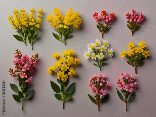 Set of small sprigs of yellow flowers of berberis thunbergii, pink chamelaucium and white gypsophila isolated