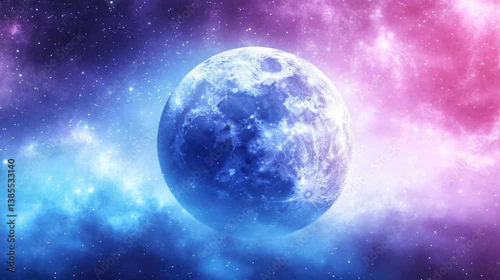 Fototapeta premium Vivid moon illuminated by colorful cosmic clouds and surrounded by a glowing starry sky