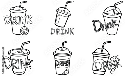 Black & White Line Art Assorted Drink Cups with Straws and Bold 'DRINK' Text