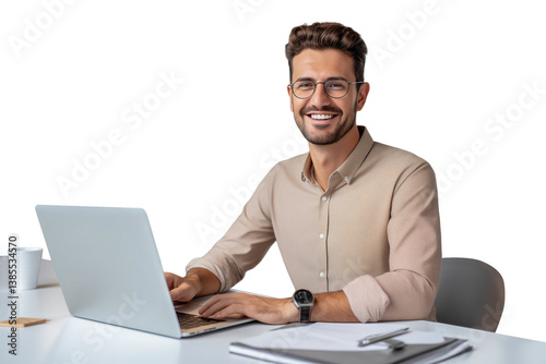 Isoalted man with laptop on white

