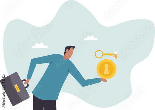 Financial key success, unlock secret reward for investment opportunity, wealth solution to make money and gain profit.character for design.