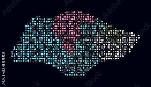 Singapore, shape of the country built of colored cells. Digital style map of Singapore on a dark background. Small size circle blocks. Beautiful vector illustration.