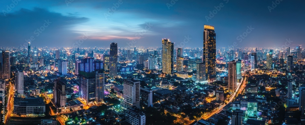 Fototapeta premium Nighttime Aerial View of a Densely Populated City with Illuminated Skyscrapers