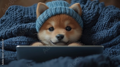 Adorable Shiba Inu Puppy in a Cozy Knit Beanie Using a Tablet