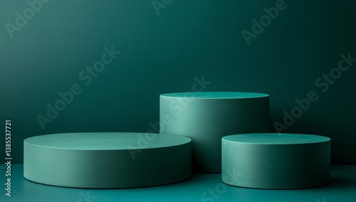 Teal cylinder display podiums on teal background