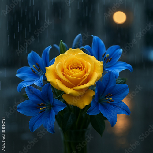 Golden Rose & Sapphire Lilies in Rainlight – A Floral Symphony of Contrast