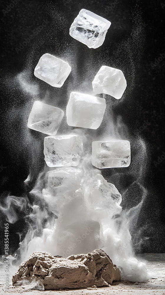 Fototapeta premium Transparent Ice Chunks Rise Up Against a Dark Background