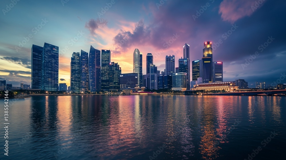 Fototapeta premium City Skyline at Dusk with Reflections on Water