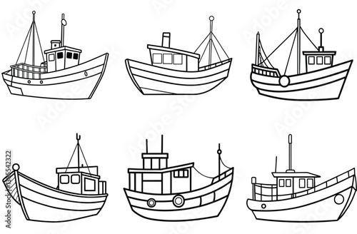 Collection of Six Cartoon Fishing Boats, Nautical Line Art, Watercraft Set