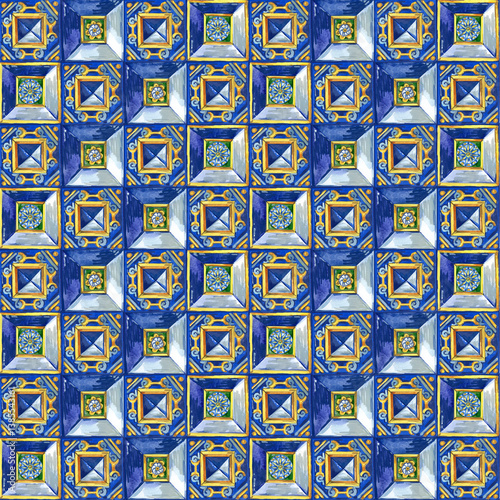 Mediterranean blue ceramic tile watercolor seamless pattern 