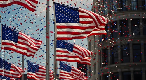 American Flags with Confetti in Sky