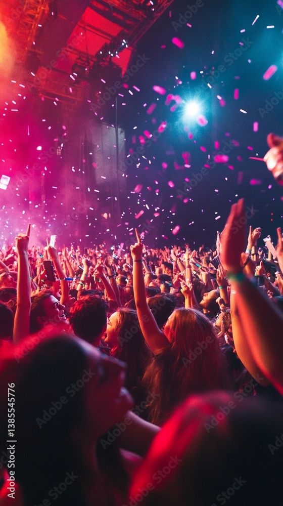 Electrifying concert moment captures the raw energy of a packed venue, with hands raised and confetti exploding in vibrant red and blue hues of pure musical euphoria