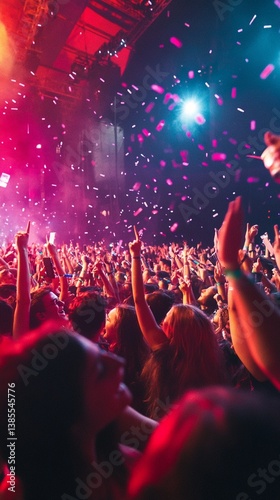 Obraz na płótnie Electrifying concert moment captures the raw energy of a packed venue, with hands raised and confetti exploding in vibrant red and blue hues of pure musical euphoria w salonie