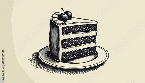 Detailed black and white illustration of a slice of chocolate cake topped with cherries on a plate
