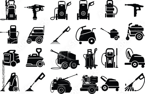 Pressure Washer Silhouette Set | High-Pressure Washer, Jet Washer, and Home Cleaning Tool Illustration Pressure Washer Silhouette Set | Cleaning Equipment, Power Washer, and Outdoor Tool Vector Collec