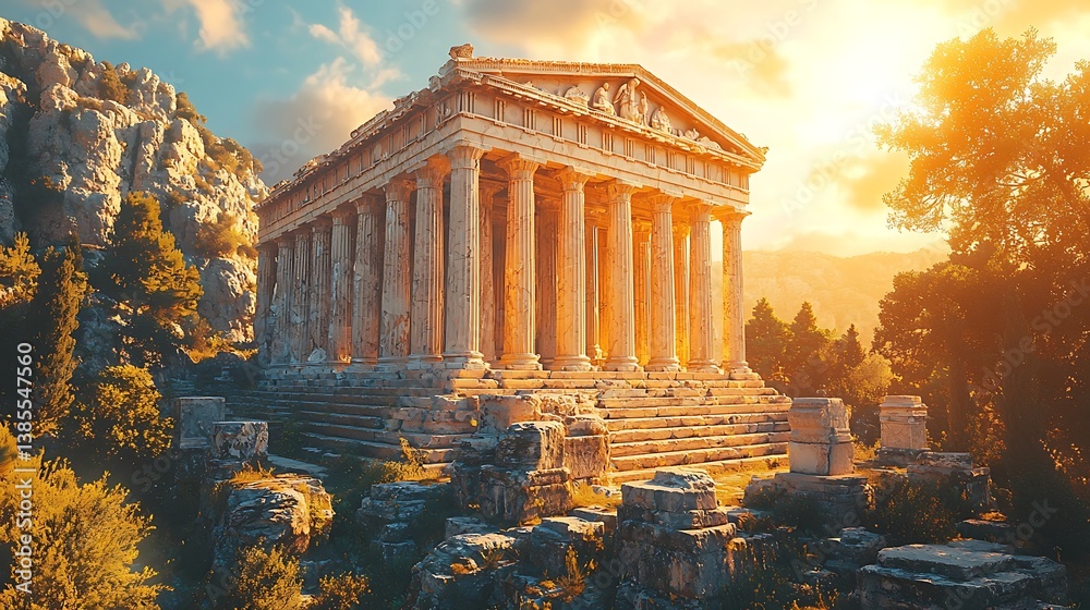 Obraz premium Ancient Temple Amidst Sunlight: A majestic ancient temple stands tall, its columns reaching for the sun. Sunrays cascade over the stone architecture, telling tales of history and cultural legacy.