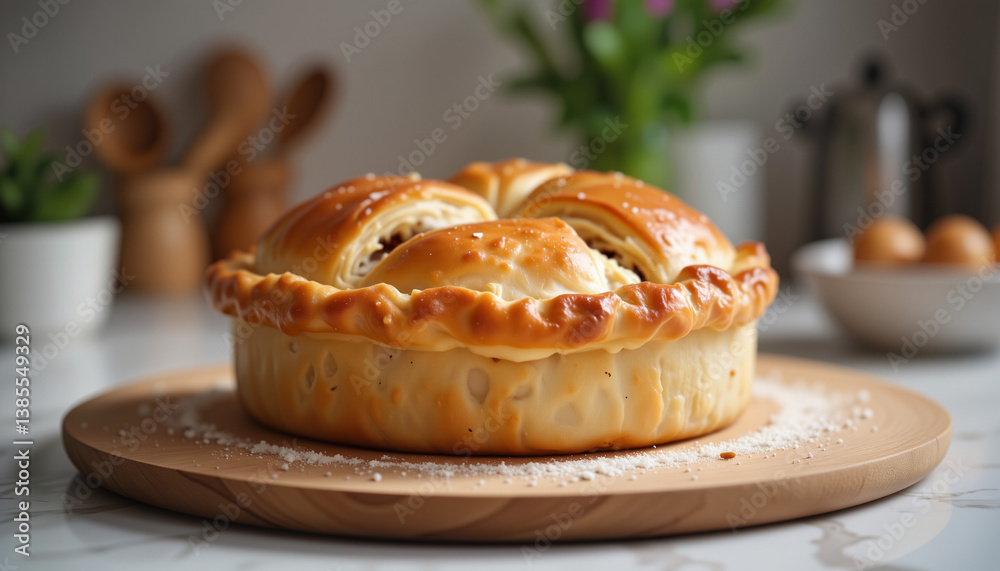 Freshly baked Tourtière on wooden board in cozy kitchen, home comfort Freshly baked Tourtière on wooden board in cozy kitchen, home comfort