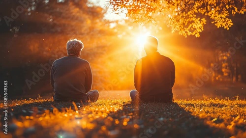 Golden Hour Companionship: Two figures silhouetted against a vibrant sunset, sharing a moment of peace and reflection in nature's embrace.