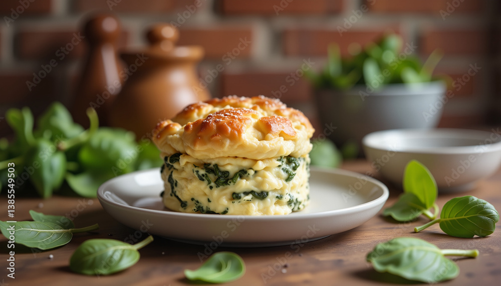 Delicious spinach soufflé presented in rustic kitchen setting, culinary delight Delicious spinach soufflé presented in rustic kitchen setting, culinary delight