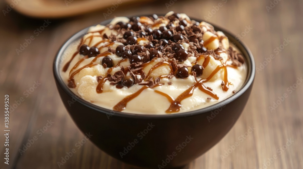 Creamy dessert topped with chocolate and caramel drizzle Creamy dessert topped with chocolate and caramel drizzle
