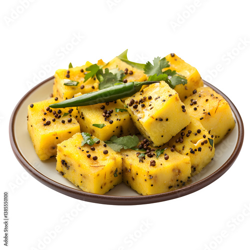 A plate of dhokla garnished with mustard seeds and green chili, isolated on a transparent background.