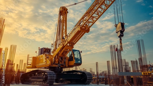 Powerful yellow crawler crane standing tall at a construction site with concrete pillars and dramatic sunset sky, showcasing industrial engineering and infrastructure development