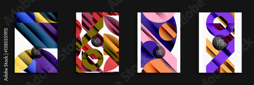 Four vibrant abstract designs. Geometric shapes overlap creating dynamic compositions. Colors include blues, purples, oranges, reds. Modern vector illustrations suitable for backgrounds or posters.
