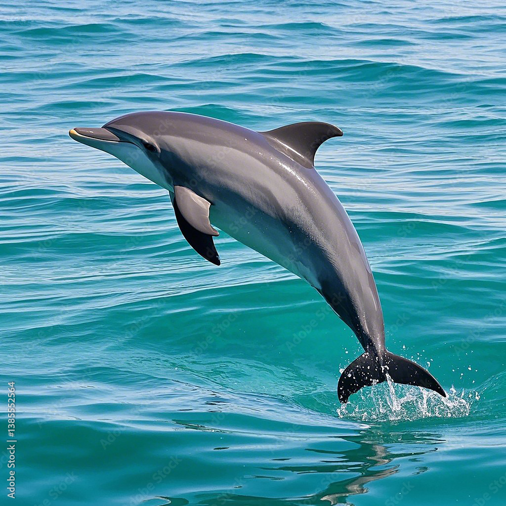 Fototapeta premium Playful dolphin leaping out of clear turquoise ocean water on a bright sunny day. 